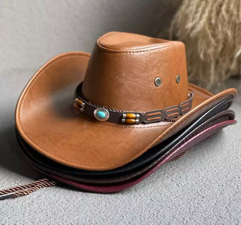 Brown Cowboy Hat w/Chin Strap & Band Detail