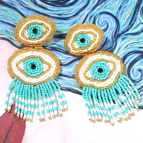 Aqua 2 Tiered Evil Eye Beaded Dangle Earrings w/Free Bracelet