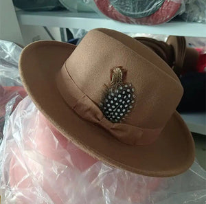 Brown Fedora w/Curled Edge, Bow & Feather detail