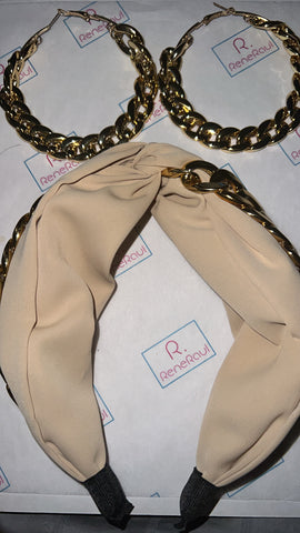 Taupe fabric HEADBAND w/gold chain accenrt w/Gold Chain Earrings