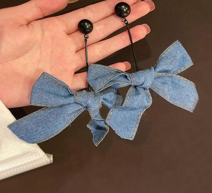 Handmade Denim Bow Drop Earrings