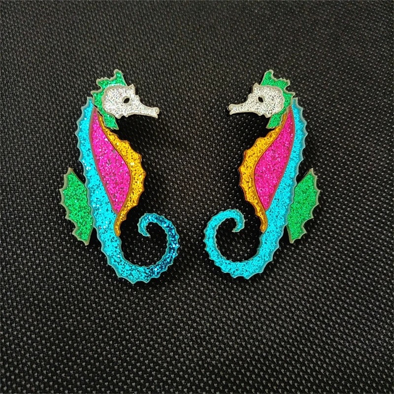 Mirrored Sparkly Seahorse Acrylic Earrings