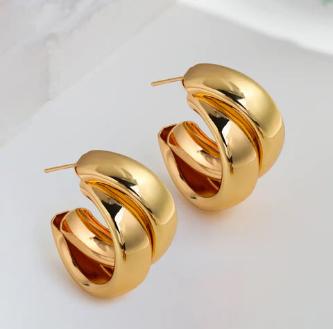Vintage Double Loop Chunky Gold Hoop Earrings