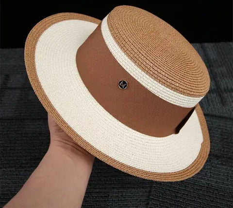 Cream & Brown Sun Hat w/Ribbon detail