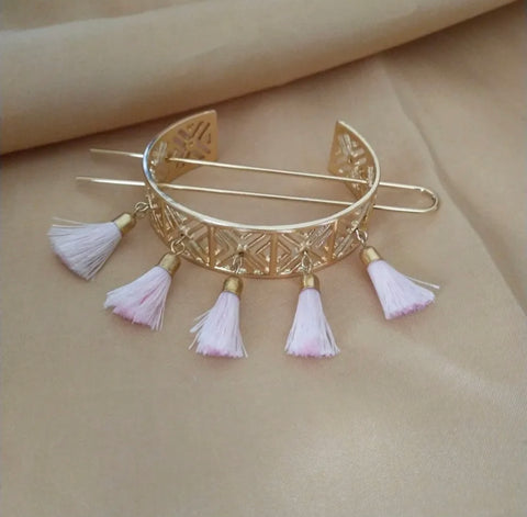 Gold Hair Pin w/Pink Tassels