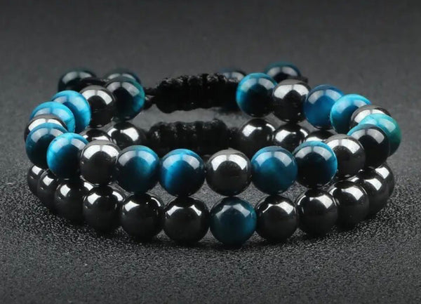 2pcs Hematite & Blue Tiger eye Bracelet set