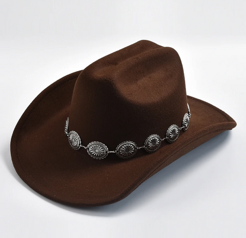 Brown Cowboy Hat w/Silver Chain Detail