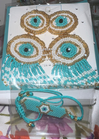 Aqua 2 Tiered Evil Eye Beaded Dangle Earrings w/Free Bracelet