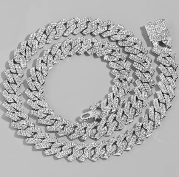 20” Silver Rhinestone Cuban Link Chain