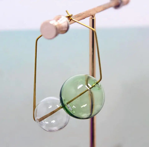 Green & Clear Glass Ball Dangle Earrings w/free Clear Ring