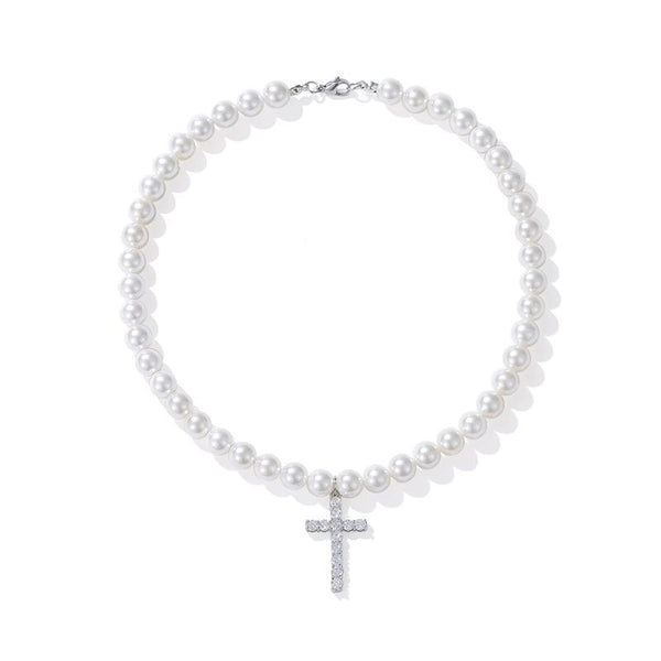 Faux Pearl choker w/ rhinestone cross pendant