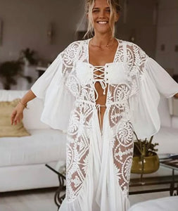 White Lace Swim Suit Cover Up w/Tie up Detail