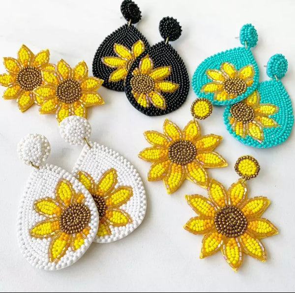 Hand-beaded Sunflower Dangle Earrings