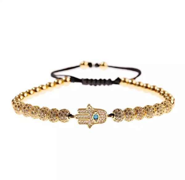 GOLD & Rhinestone Beaded Hamsa Adjustable Bracelet