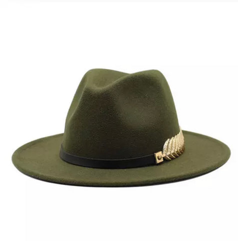 Military Green Fedora w/Gold Leaf