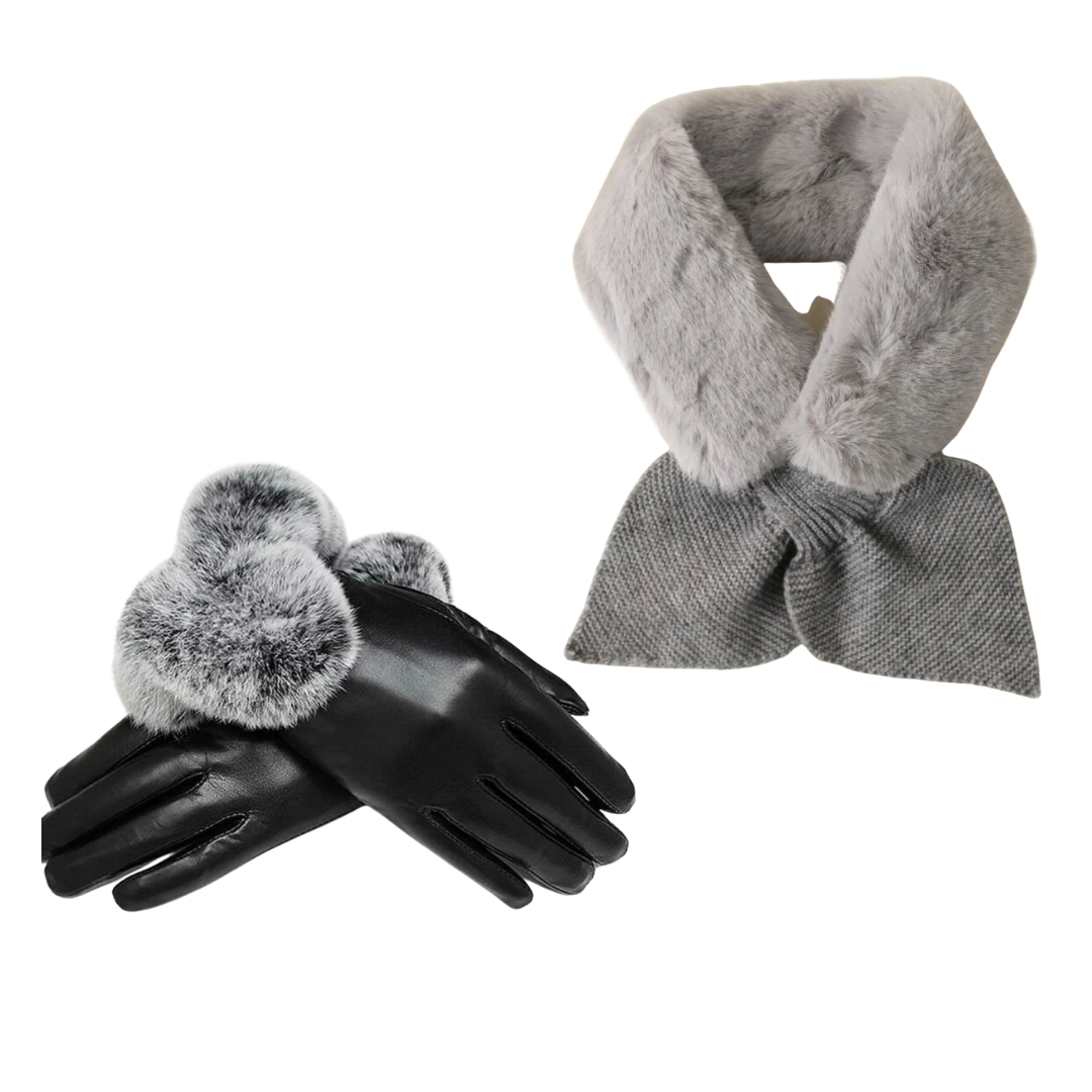 Gray Faux Fur Scarf & Vegan Leather Gloves