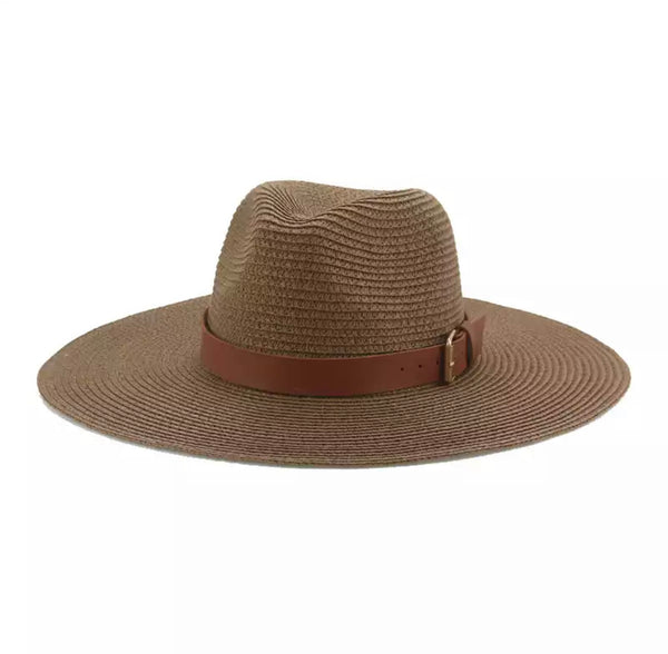 Brown Large Brim Straw Hat w/brown leatherette band