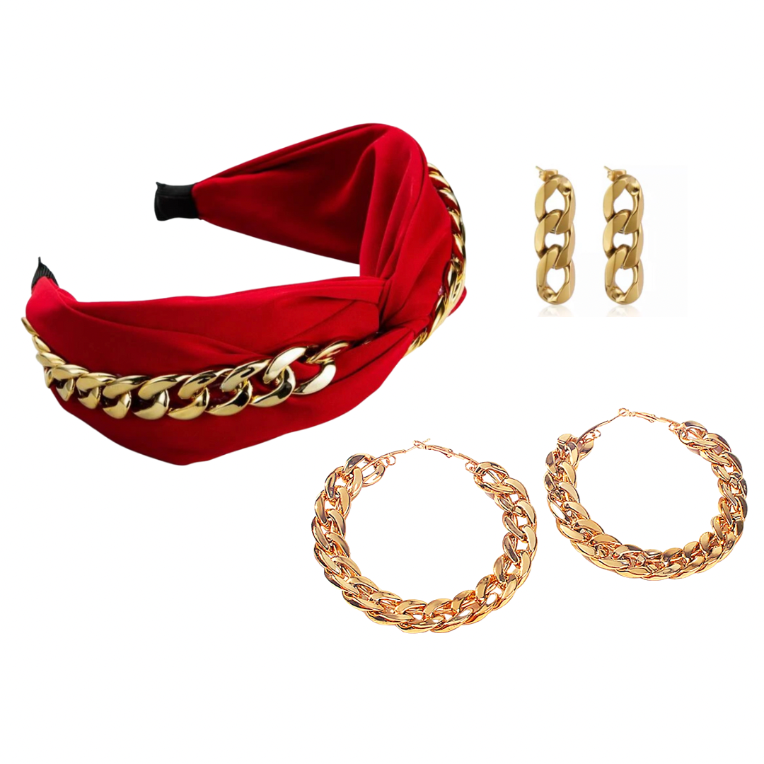 Red turban style Headband w/Gold Chain detail & Gold Chain Hoops