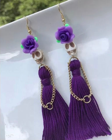 Purple Floral Skull Earrings