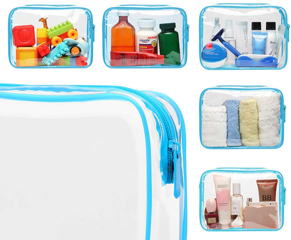 Blue 3pcs Transparent Toiletry/Make up Bags