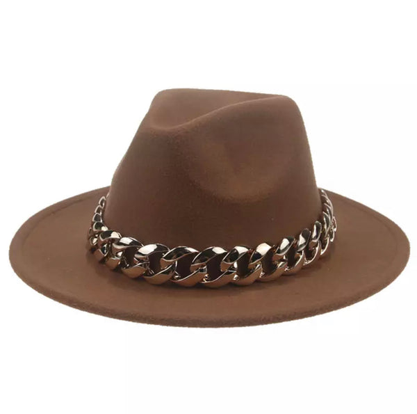 Brown Fedora w/ Chunky Gold Chain Accent