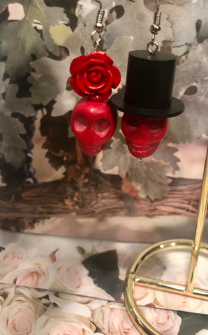 Red Bride & Groom Skull Earrings