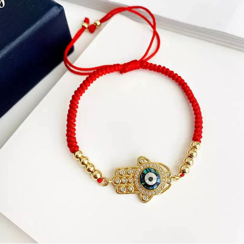 Hamsa Hand Evil Eye Bracelet w/Red Ties