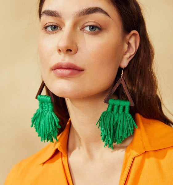 Triangle Green Tassel Dangle Earrings