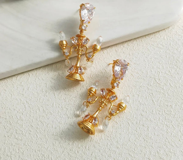 Gold & Rhinestone Candelabra Dangle Earrings
