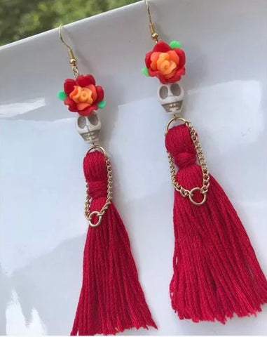 Red Floral Skull Earrings