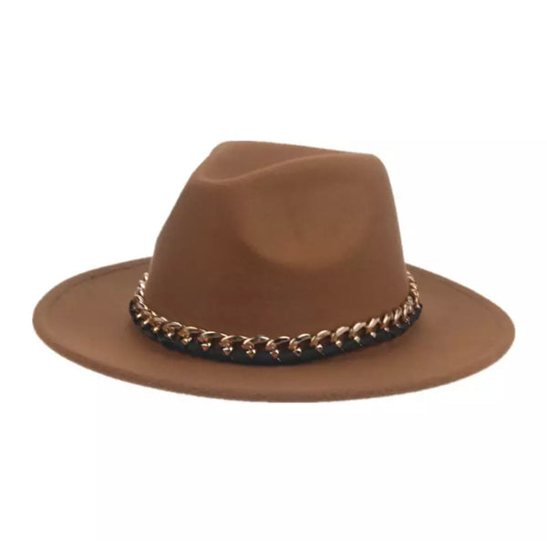Brown Fedora w/ Chunky Gold Chain Accent