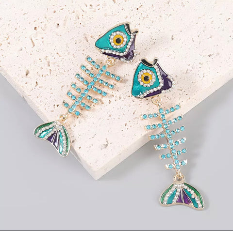 Blue Fish Gone Rhinestone Earrings