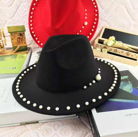 Black Fedora Hat w/ Pearl Brim Accents