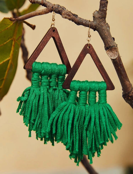 Triangle Green Tassel Dangle Earrings