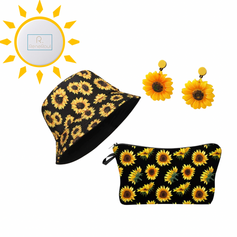Reversible Sunflower Bucket Hat, Bag & Earrings