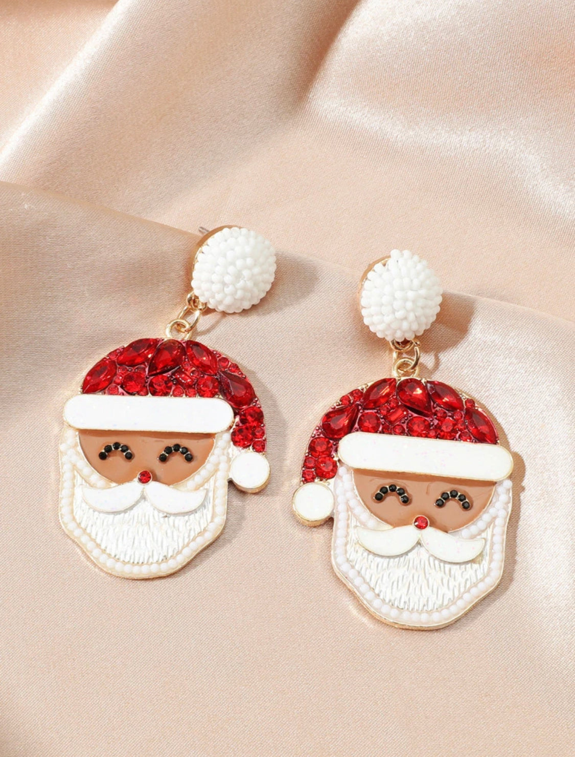 Beaded Rhinestone Brown Santa Earrings