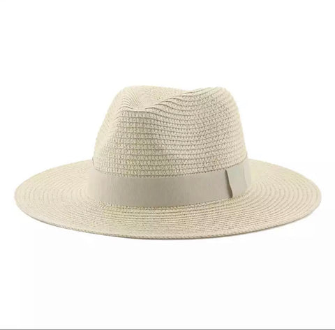 Beige Small brim straw hat w/Beige Ribbon