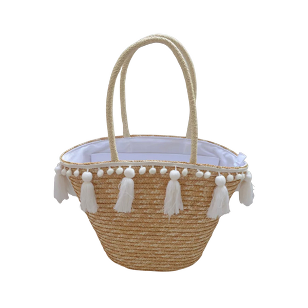 Straw bag with fabric tassels 