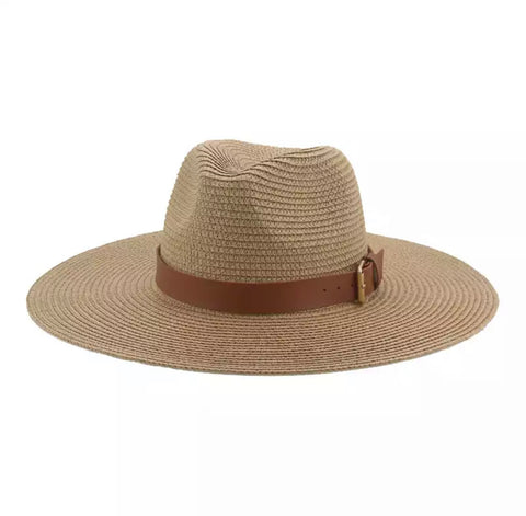 Khaki Large brim Straw Hat w/brown leatherette band