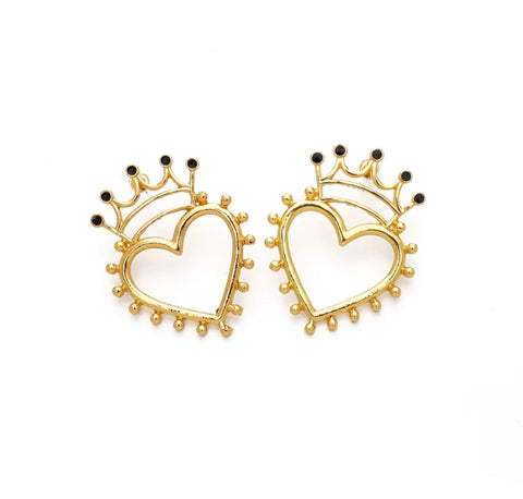 Large Gold Crown Heart Stud Earrings