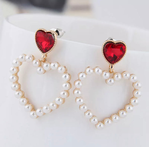 Small Faux Pearl and Red Stone Earrings