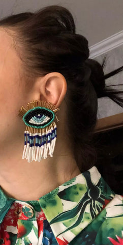 Hand Beaded eye Earrings w/lashes & tassels & FREE STICKERS