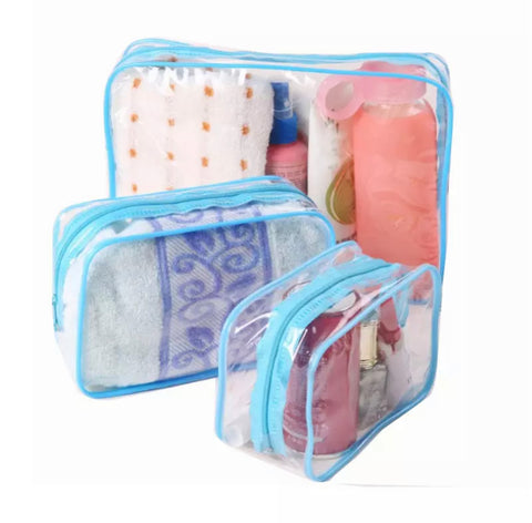 Blue 3pcs Transparent Toiletry/Make up Bags