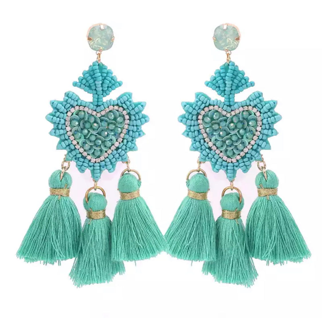 Glass Bead & Fabric Aqua Dangle Earrings