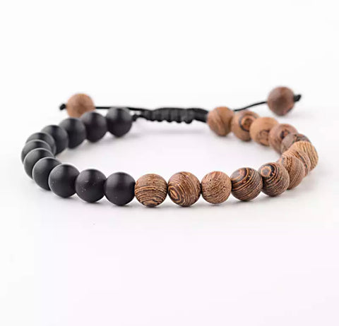 Black Bead & Wood Grained Size Adjustable Bracelet