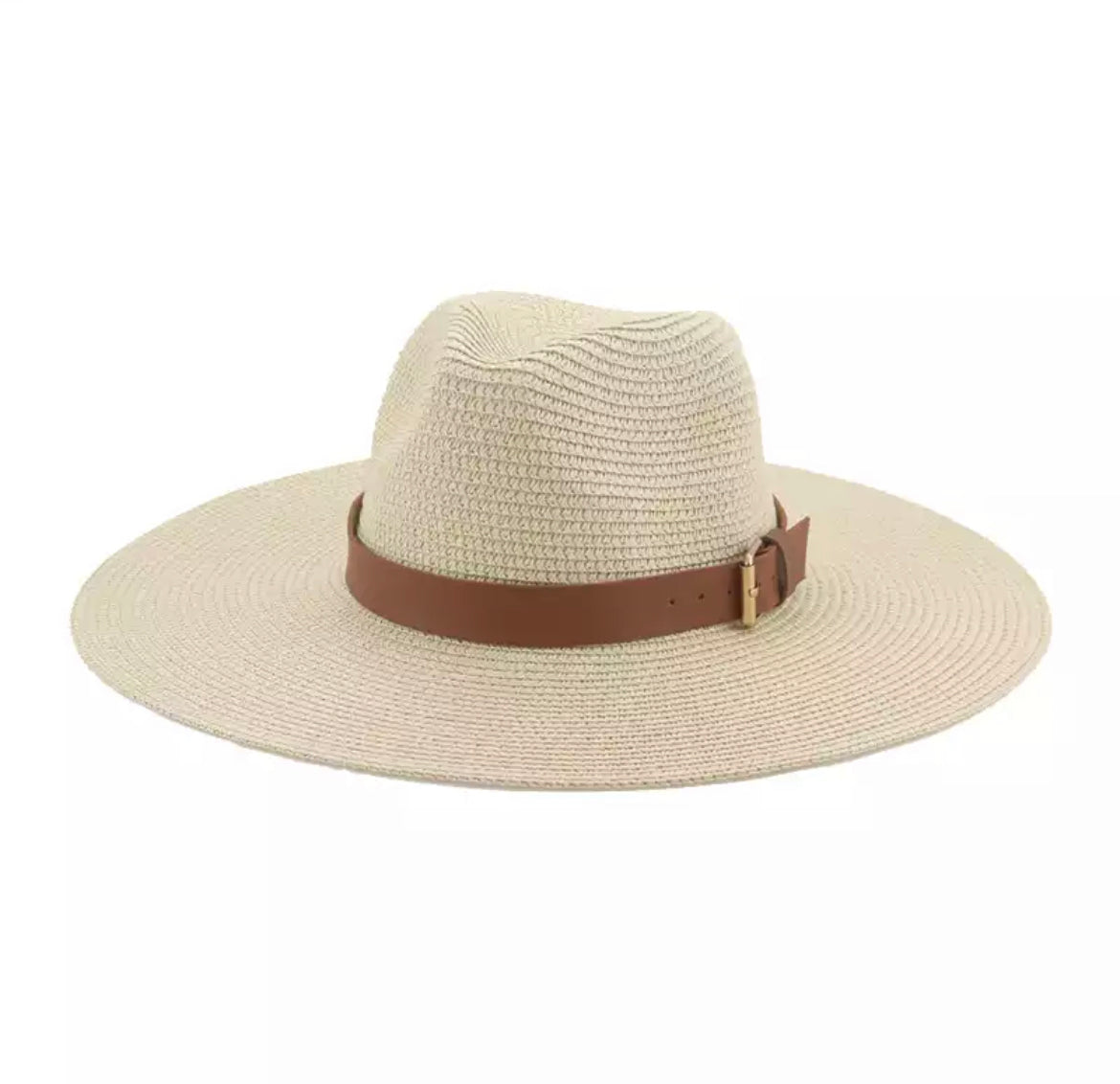 Beige Large Brim Straw Hat w/brown leatherette band