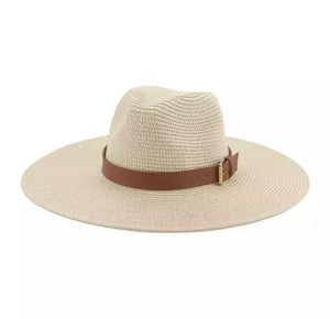 Beige Large Brim Straw Hat w/brown leatherette band