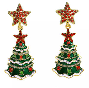 Rhinestone Red Star Christmas Tree Earrings