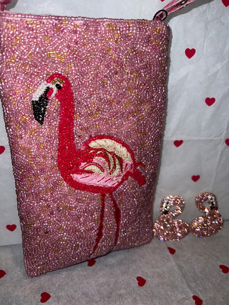 Hand Beaded Flamingo Purse w/ Earrings