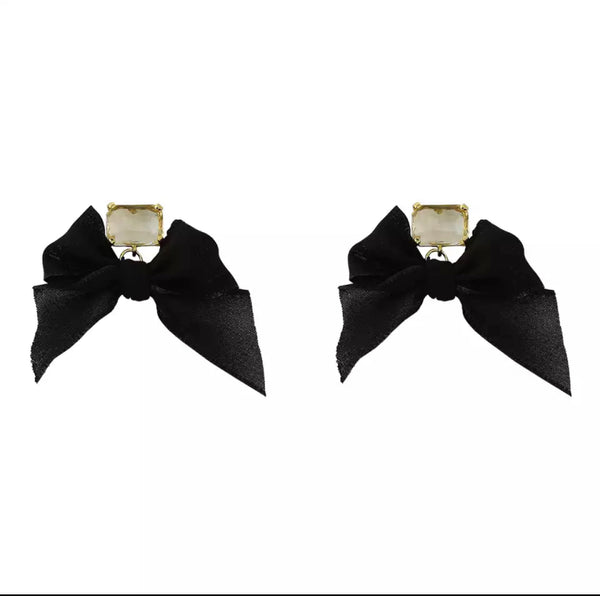 Rhinestone and Black Bow Earrings